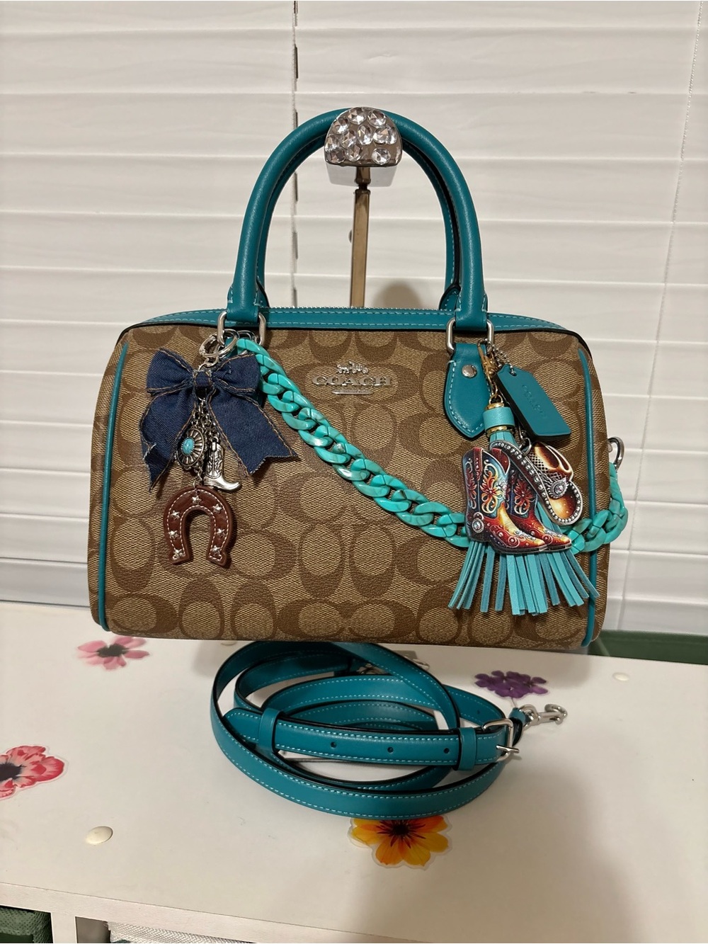 COACH Rowan Satchel Signature Canvas Teal Turquoise Medium Bag🤎🩵